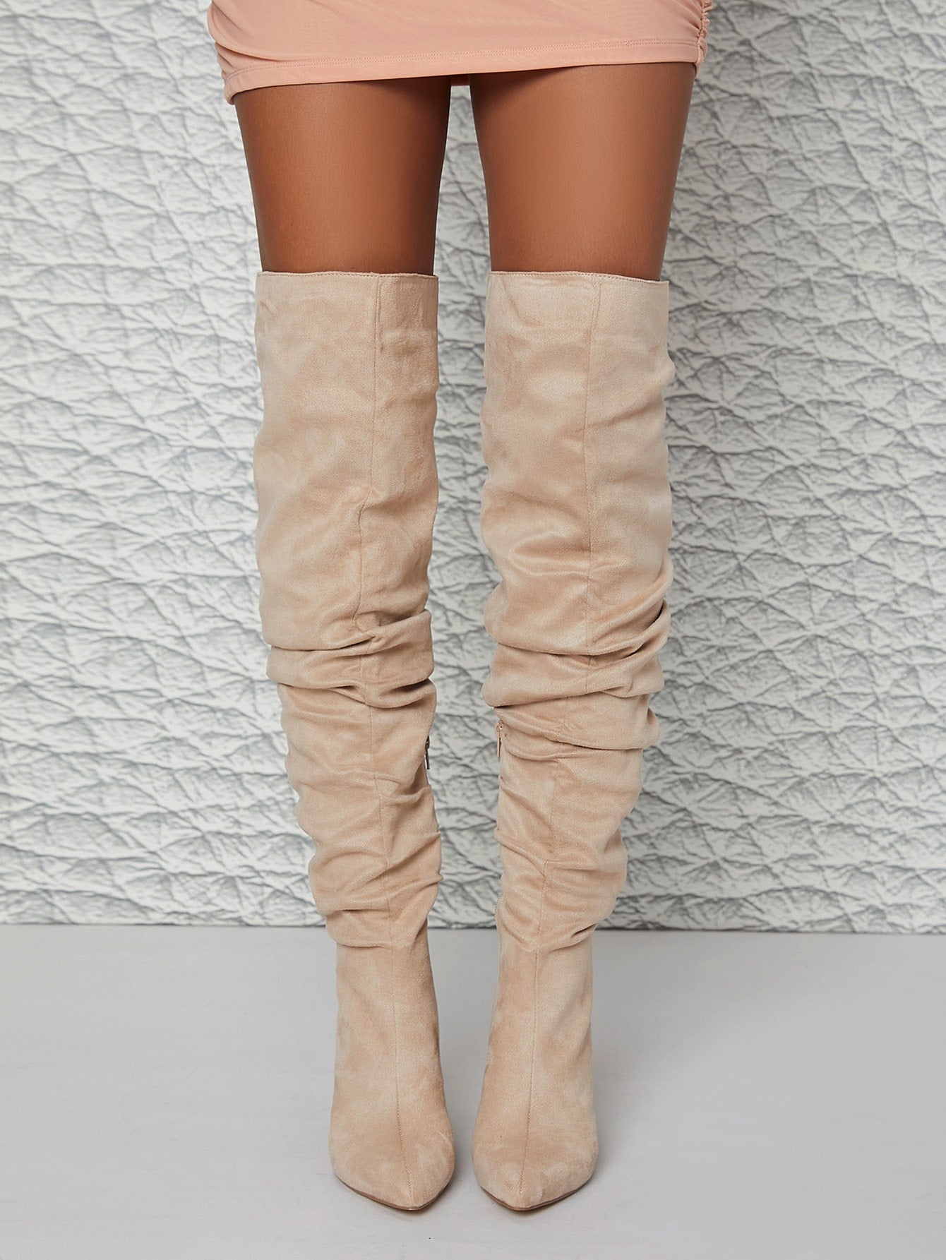 Vegan Suede Embellish Block Heel Scrunch Knee High Booties - HCWP 