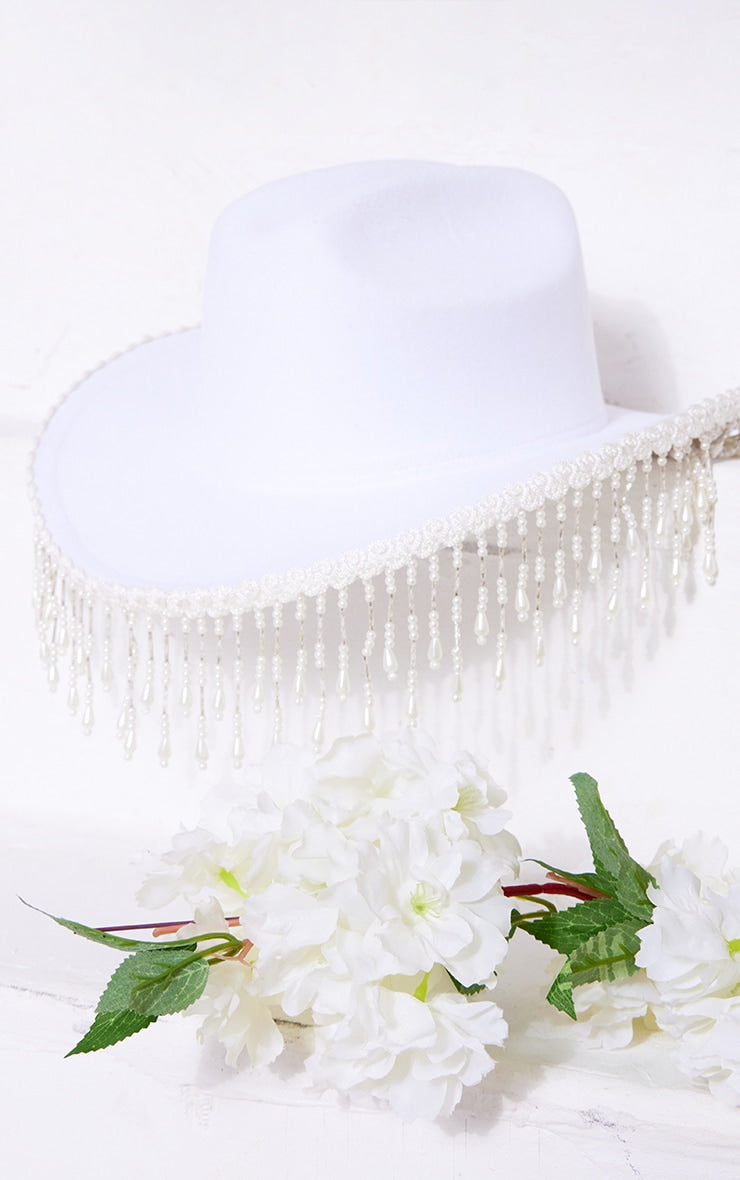 White Pearl Tassel Detail Bridal Cowboy Hat