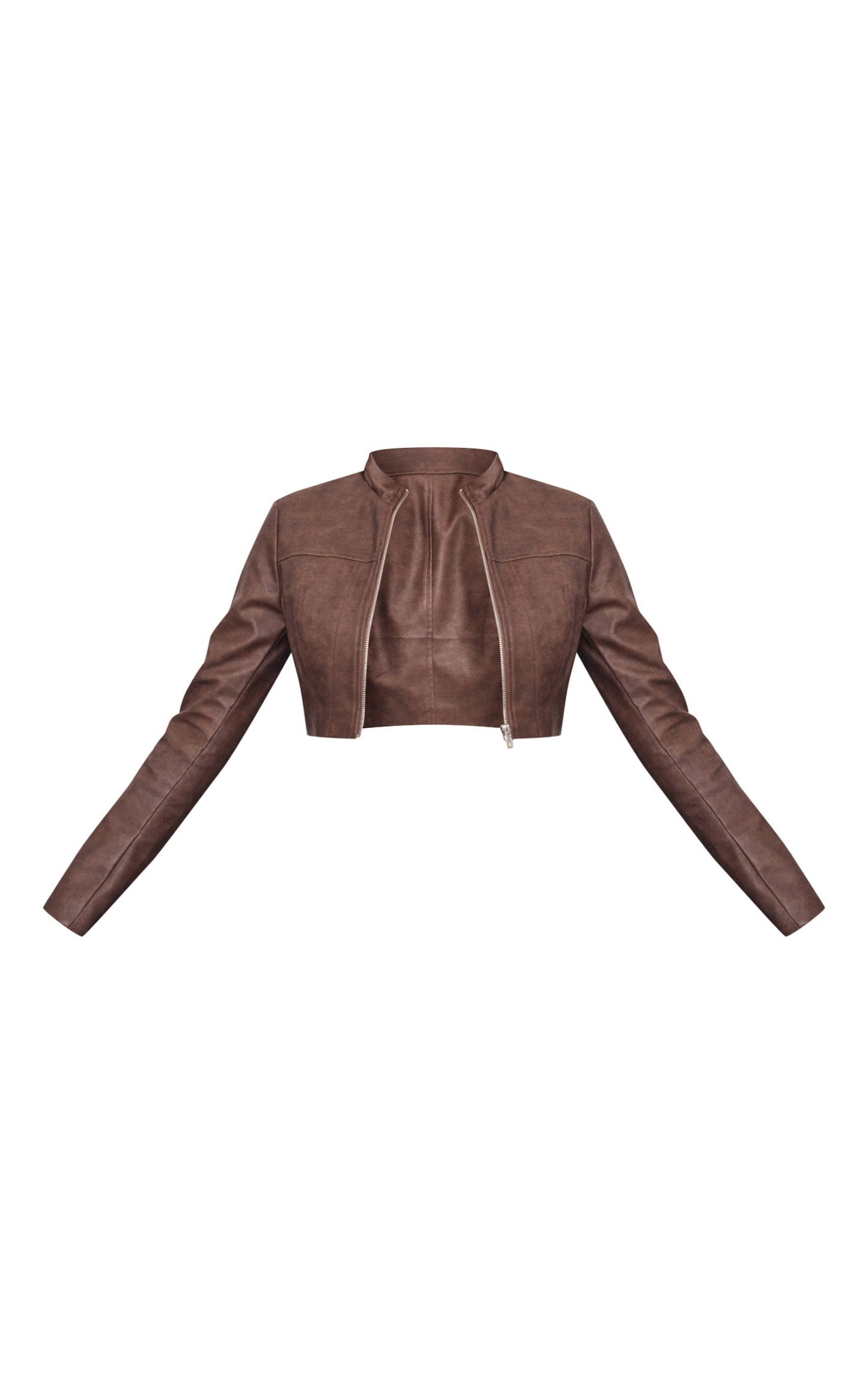 Brown Faux Leather Panel Details Biker Jacket