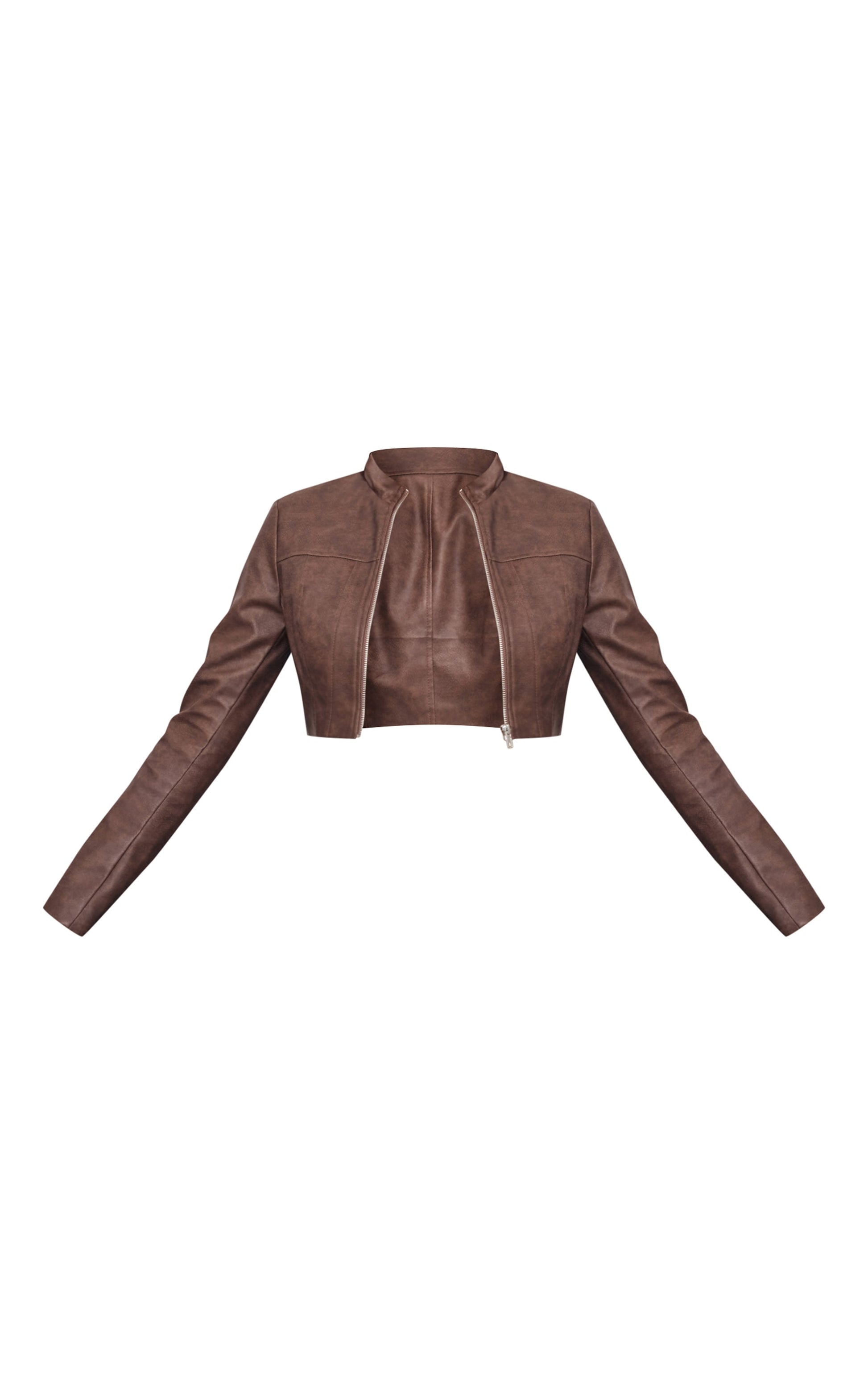 Brown Faux Leather Panel Details Biker Jacket