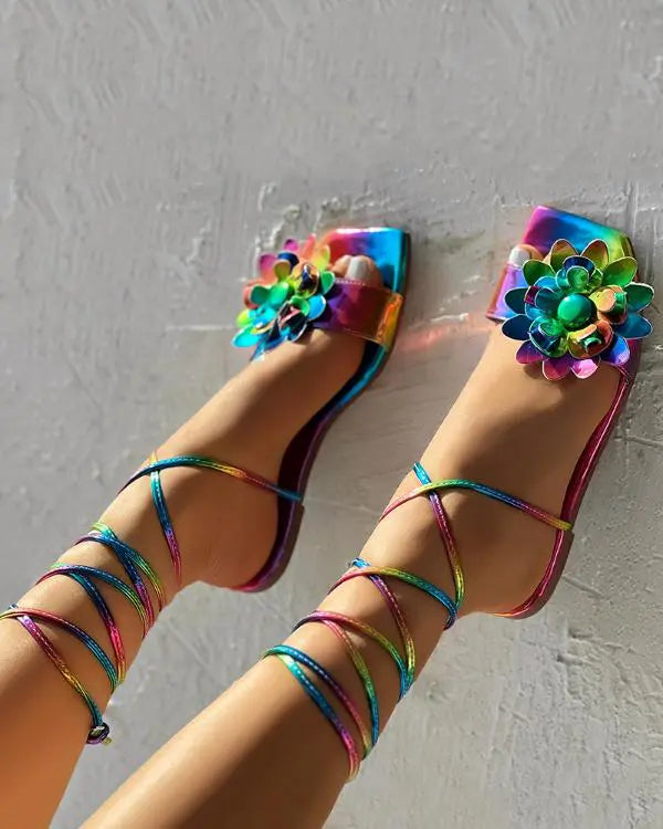 Butterfly Pattern Rainbow Ombre Strappy Flat Sandals