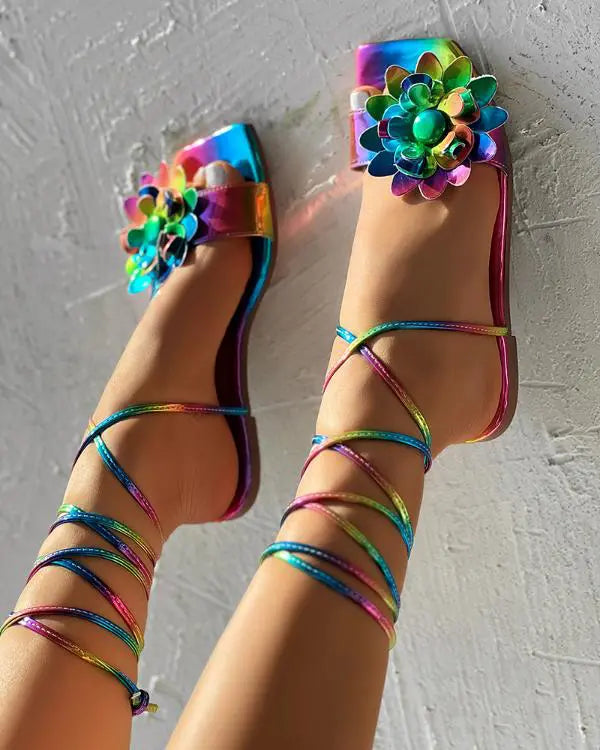 Butterfly Pattern Rainbow Ombre Strappy Flat Sandals