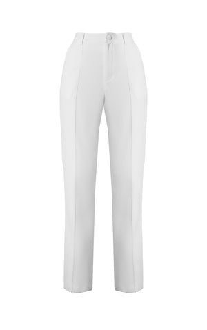 Premium White Woven Pintuck Straight Leg Trousers