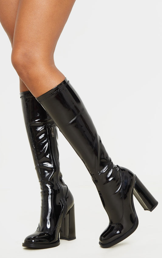 Black Knee High Block Heel Sock Boot