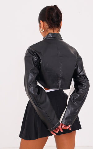 Monochrome Faux Leather Contrast Panel Cropped Jacket