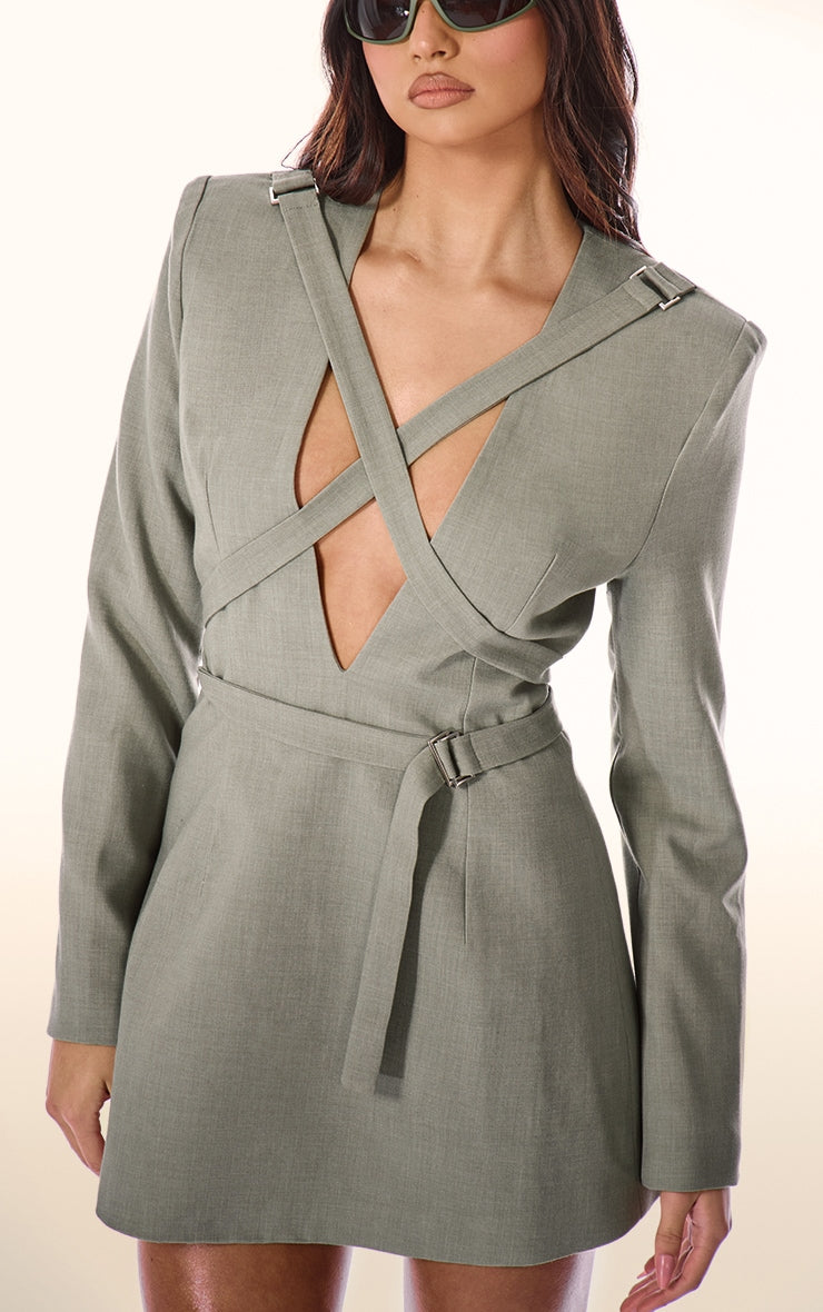 PLT Label Sage Green Strap Detail Cross Over A-line Blazer Dress