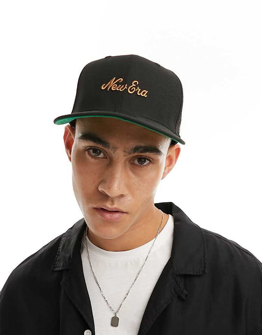 New Era script logo 9fifty snapback cap with mesh back in black