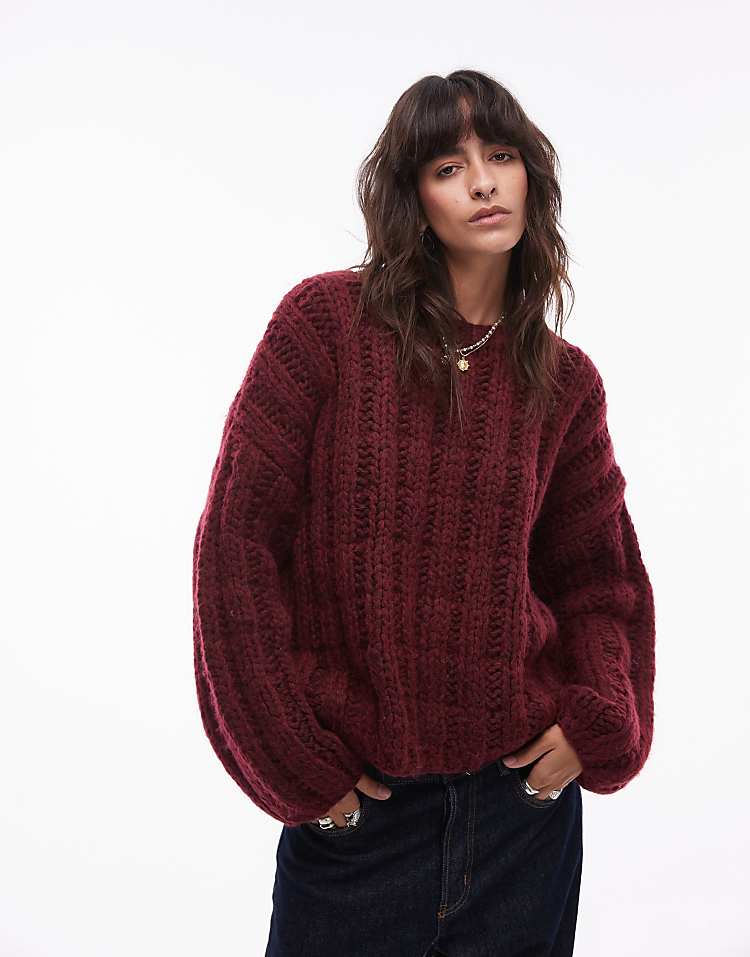 Topshop premium hand knit ladder stitch oversized jumper in burgundy