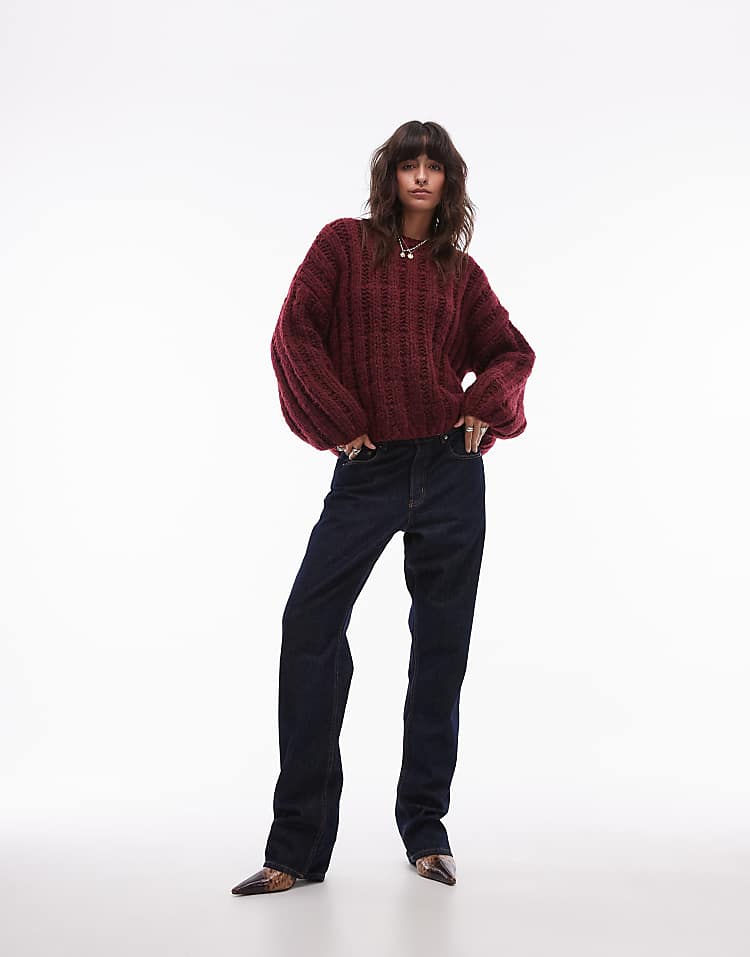 Topshop premium hand knit ladder stitch oversized jumper in burgundy