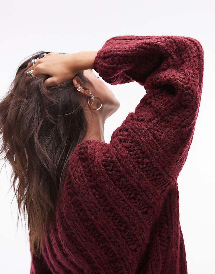 Topshop premium hand knit ladder stitch oversized jumper in burgundy