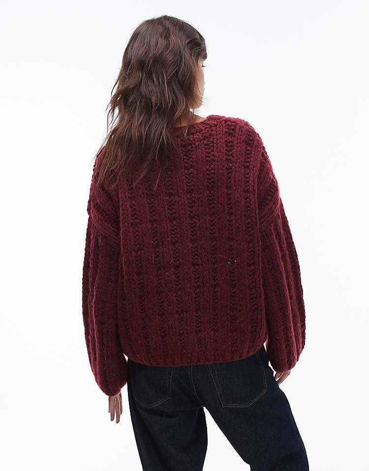 Topshop premium hand knit ladder stitch oversized jumper in burgundy