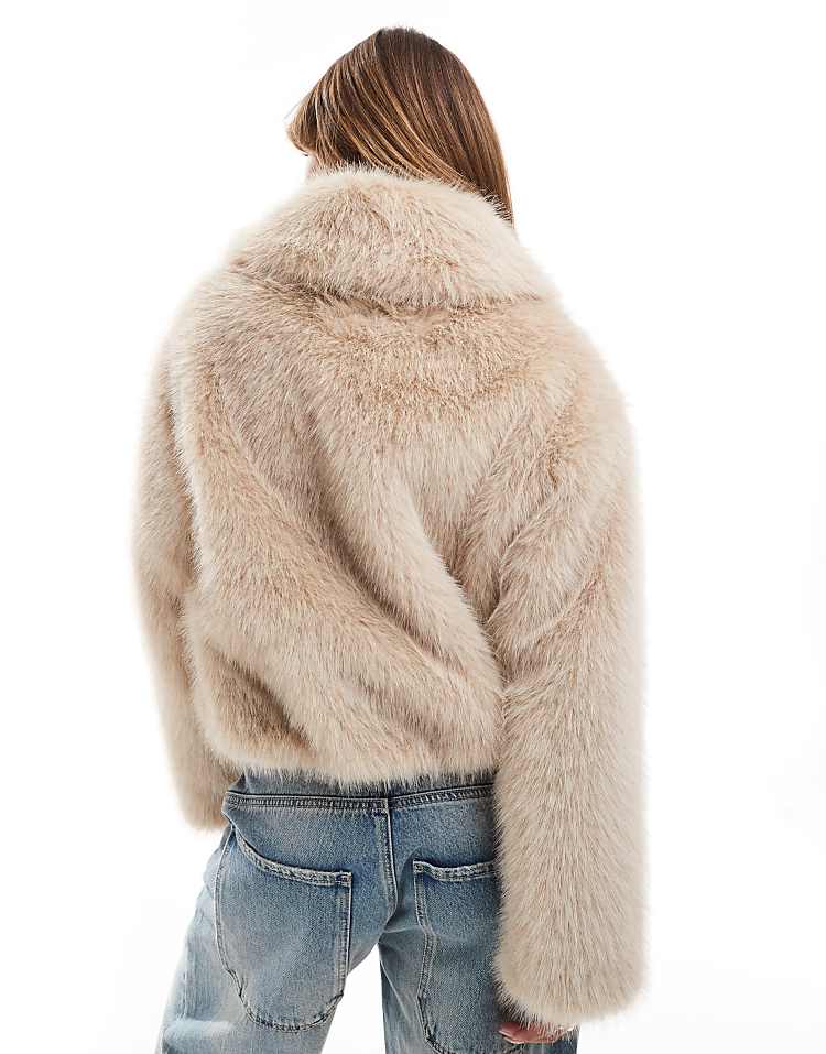 Miss Selfridge faux fur bomber jacket with collar in stone