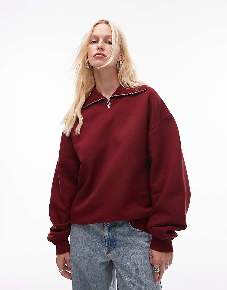 Topshop oversized quarter zip sweat in burgundy