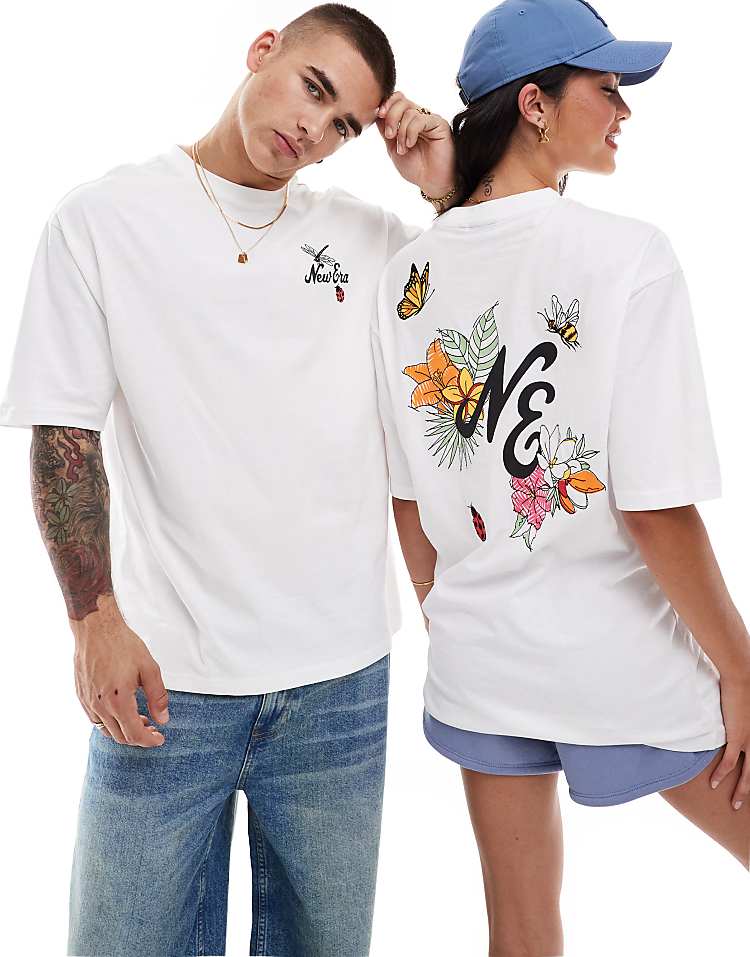 New Era unisex embroidered graphic back t-shirt in white