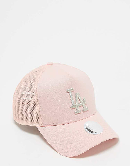 New Era LA Dodgers trucker cap with metallic logo in pink