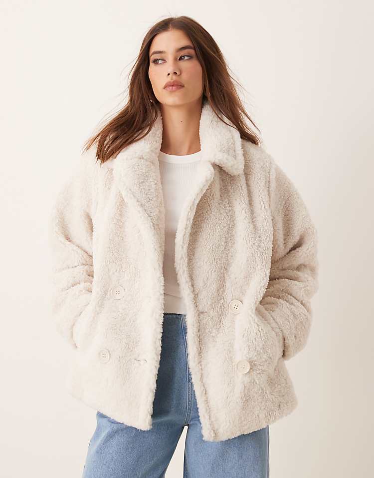 New Look short borg coat in off white