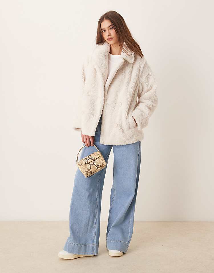 New Look short borg coat in off white