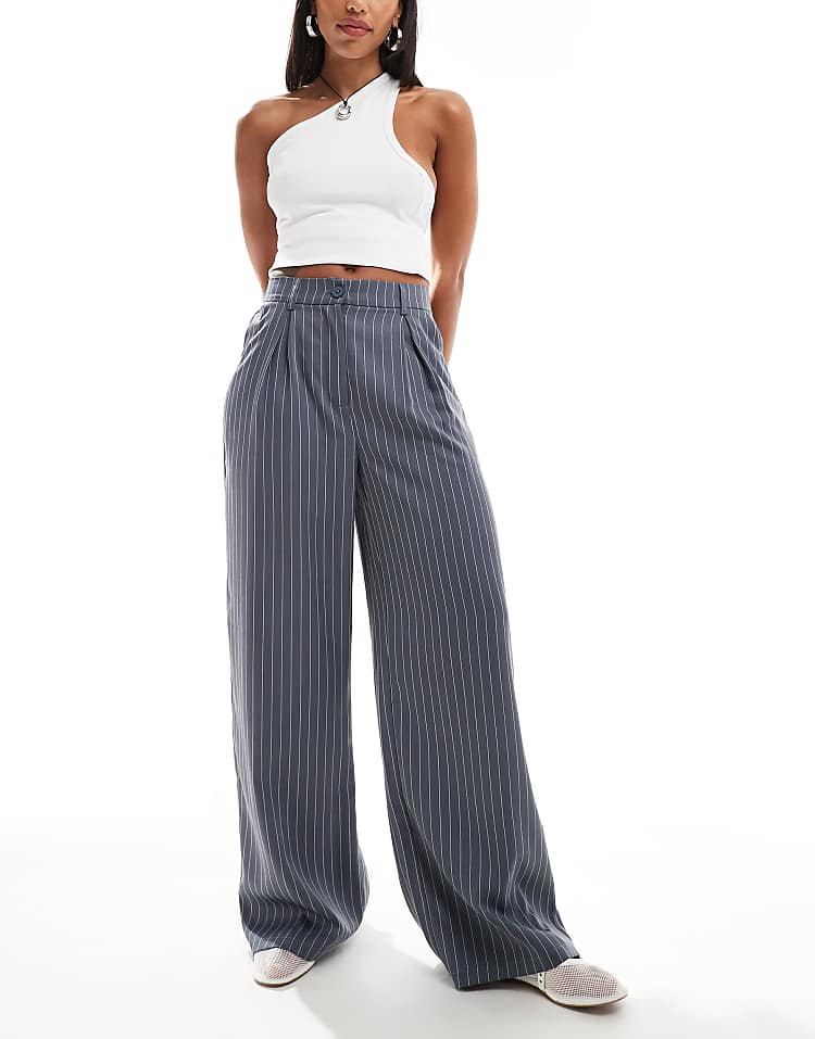 Reclaimed Vintage wide leg trouser in burgundy pinstripe