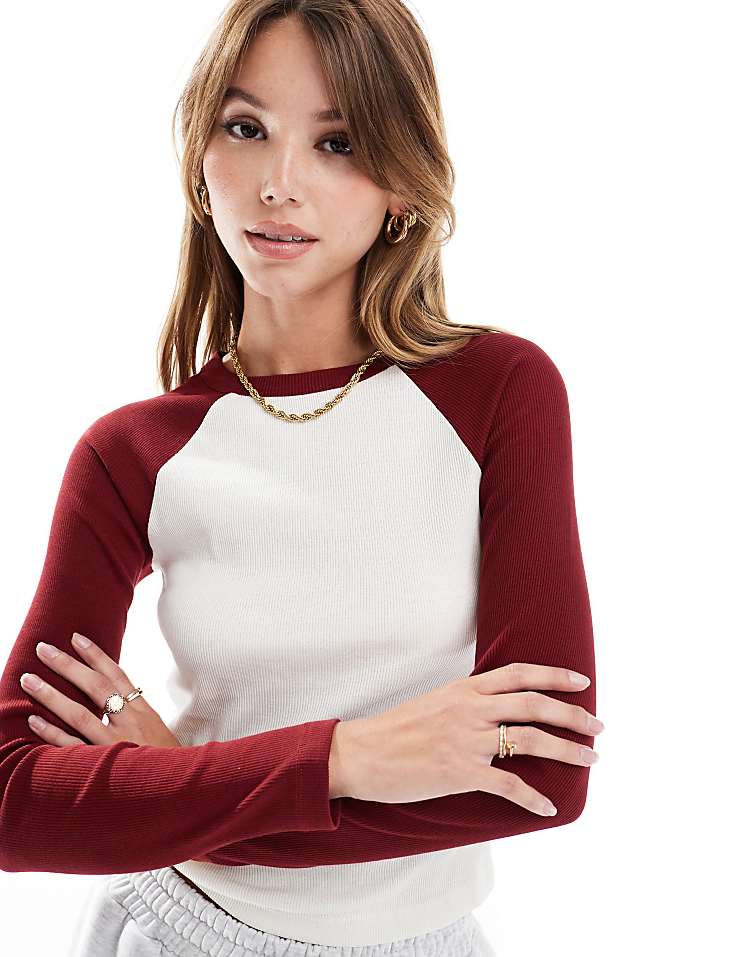 ASOS DESIGN raglan long sleeve top in burgundy and cream