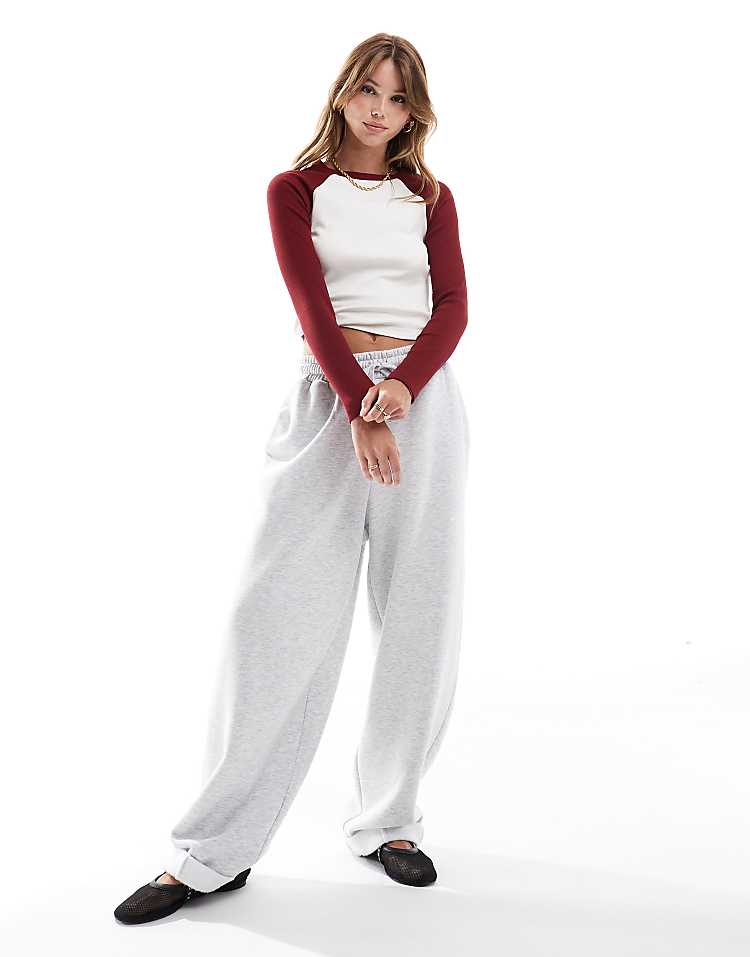 ASOS DESIGN raglan long sleeve top in burgundy and cream