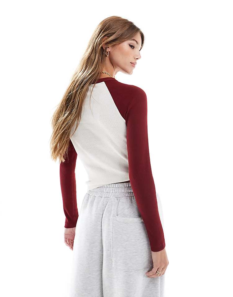 ASOS DESIGN raglan long sleeve top in burgundy and cream