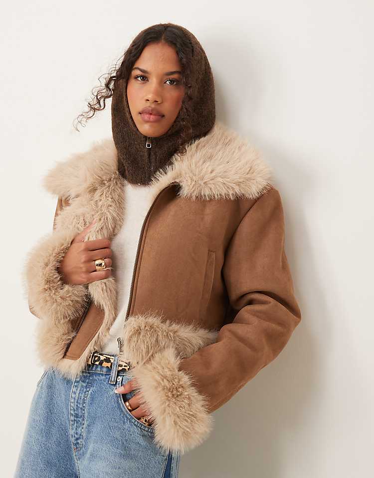 ASOS DESIGN faux fur bonded suedette jacket in tan