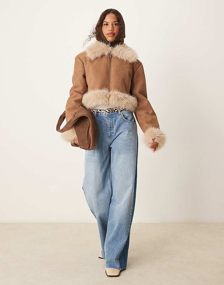 ASOS DESIGN faux fur bonded suedette jacket in tan