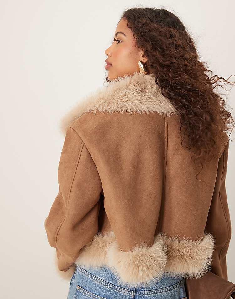 ASOS DESIGN faux fur bonded suedette jacket in tan