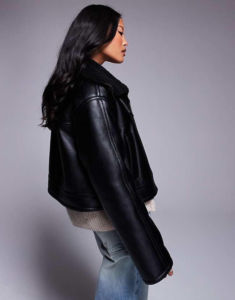 ASOS DESIGN Petite funnel neck aviator jacket in black