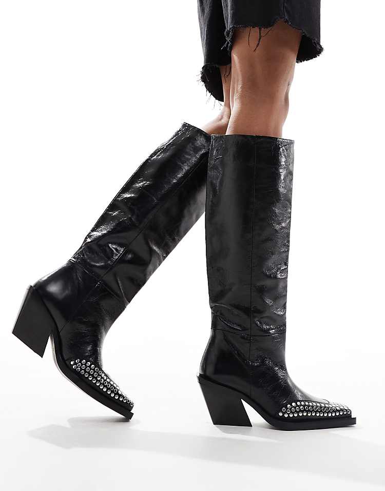 ASOS DESIGN Cassie premium leather western knee boots with stud detail in black