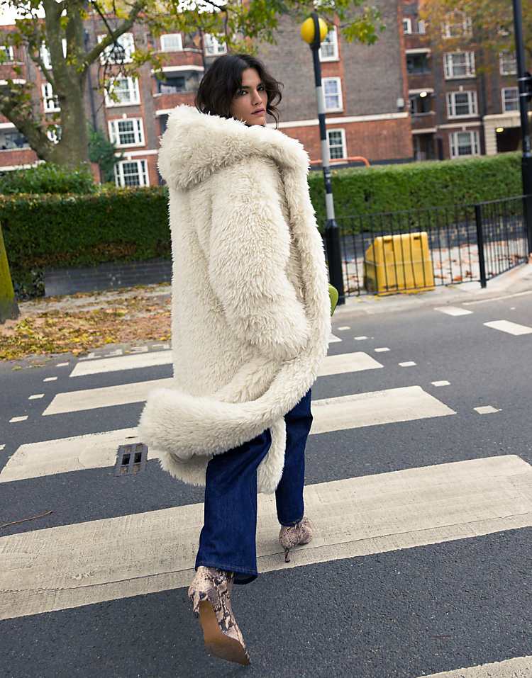 Topshop faux fur duffle hooded long coat in cream