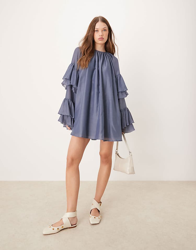 ASOS DESIGN frill sleeve voile mini dress in burgundy