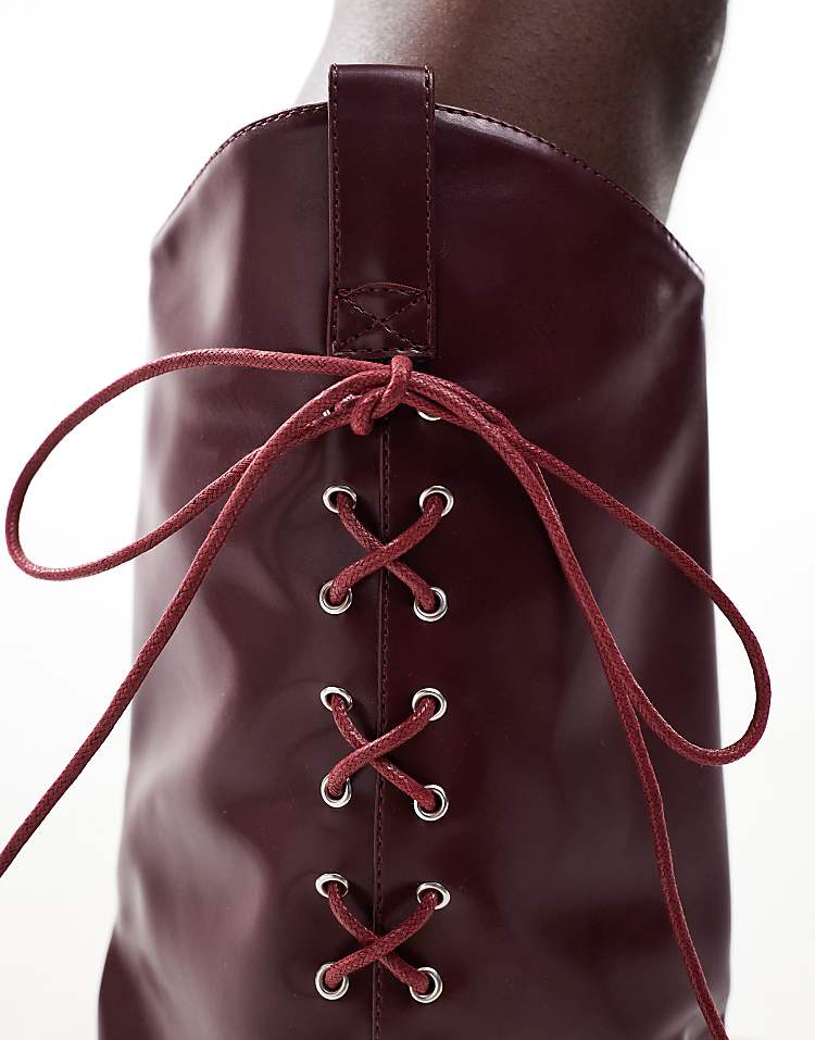 Glamorous foldover western heeled knee boots with lace up bow in burgundy