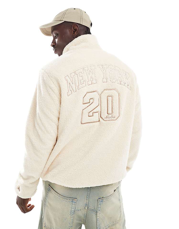 New Era MLB zip through borg jacket with motif back in cream