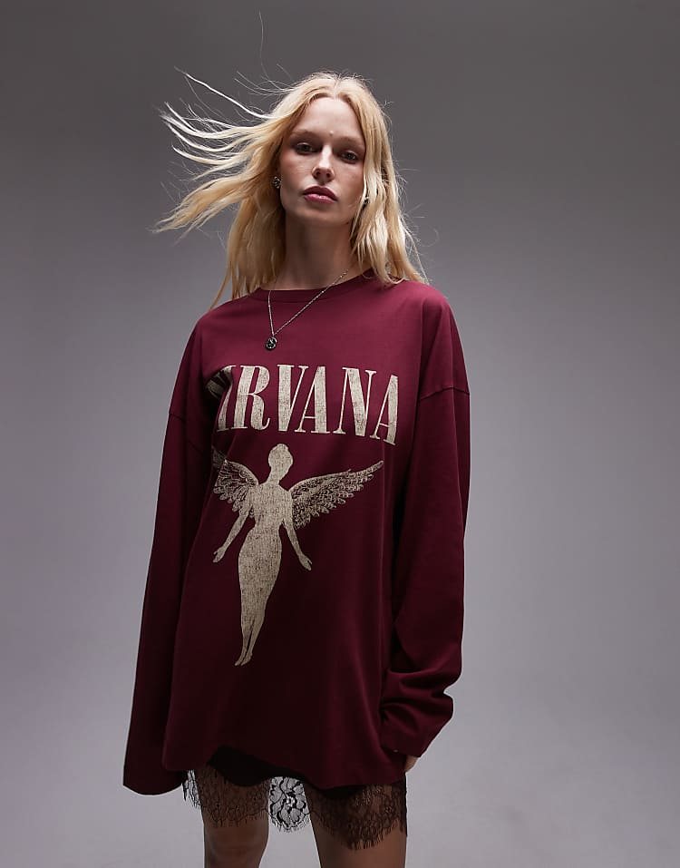 Topshop license graphic  Nirvana long sleeve skater in burgundy