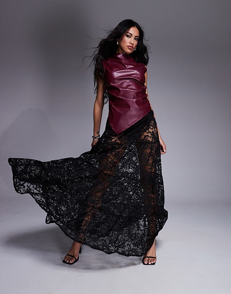 ASOS DESIGN Halloween leather look drape top with asymmetric hem in burgundy
