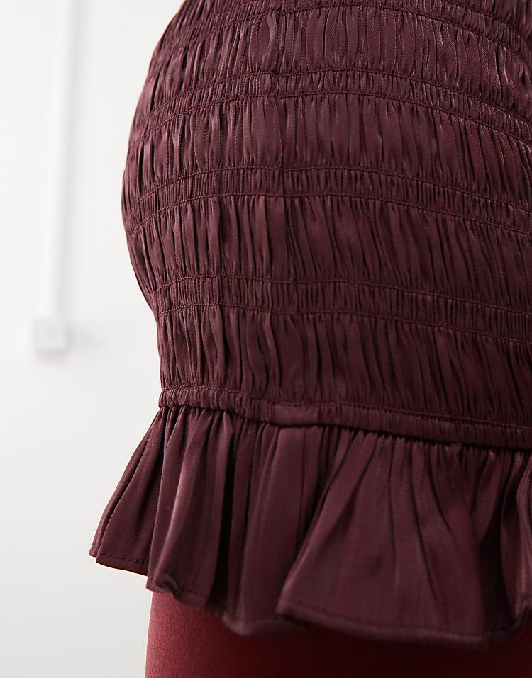 Monki sleeveless satin smock dress with frill edges in red wine