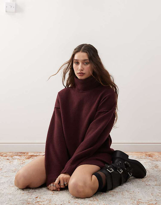 Weekday Annie wool blend roll neck mini knitted jumper dress in burgundy melange exclusive to ASOS