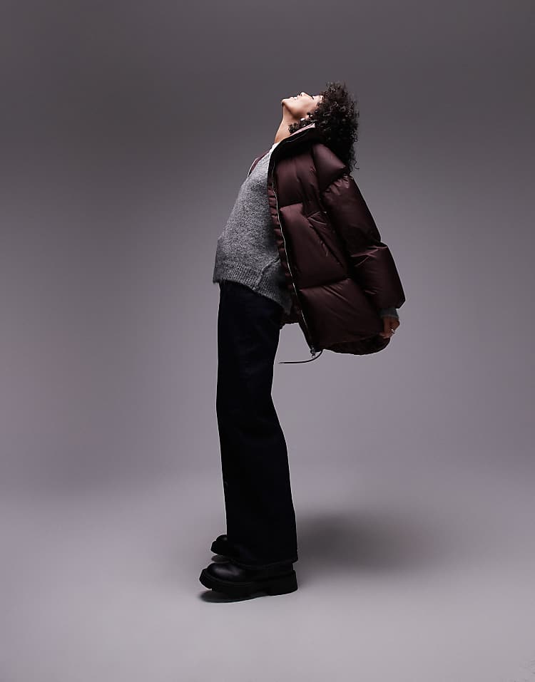 ARKET down puffer long line jacket in burgundy