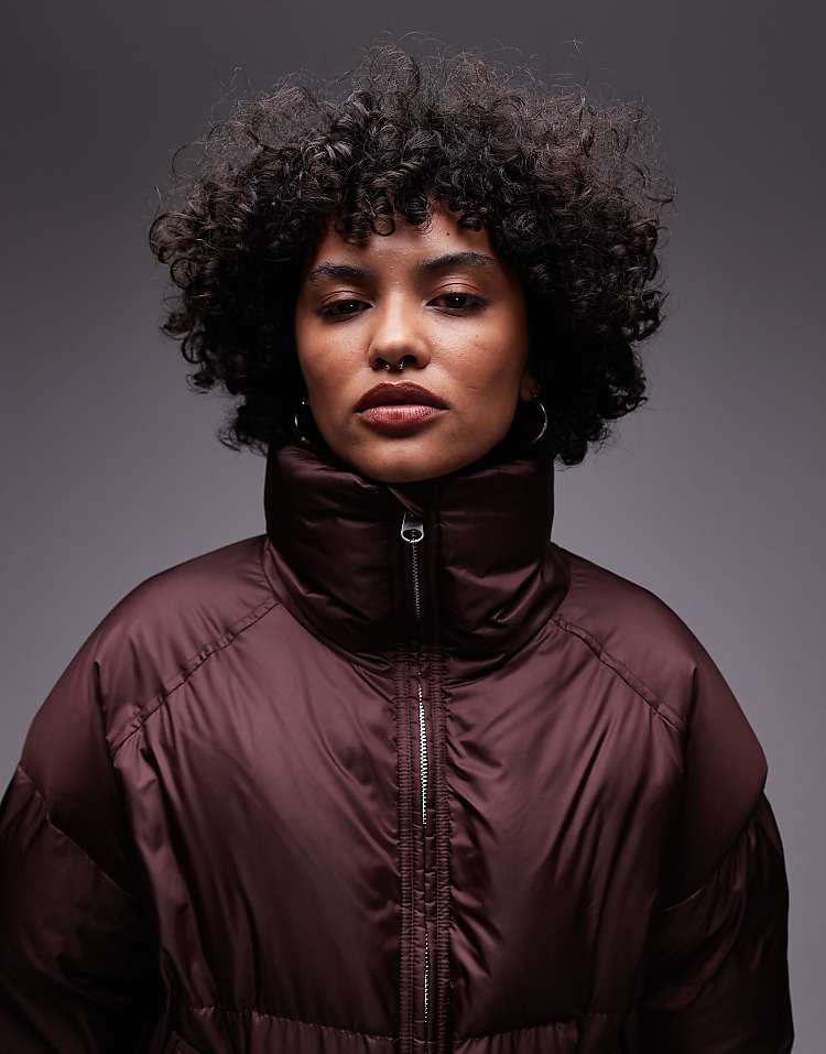 ARKET down puffer long line jacket in burgundy