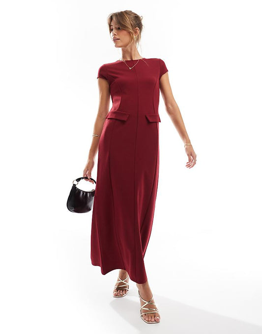 ASOS DESIGN cap sleeve pocket detail midi dress in burgundy