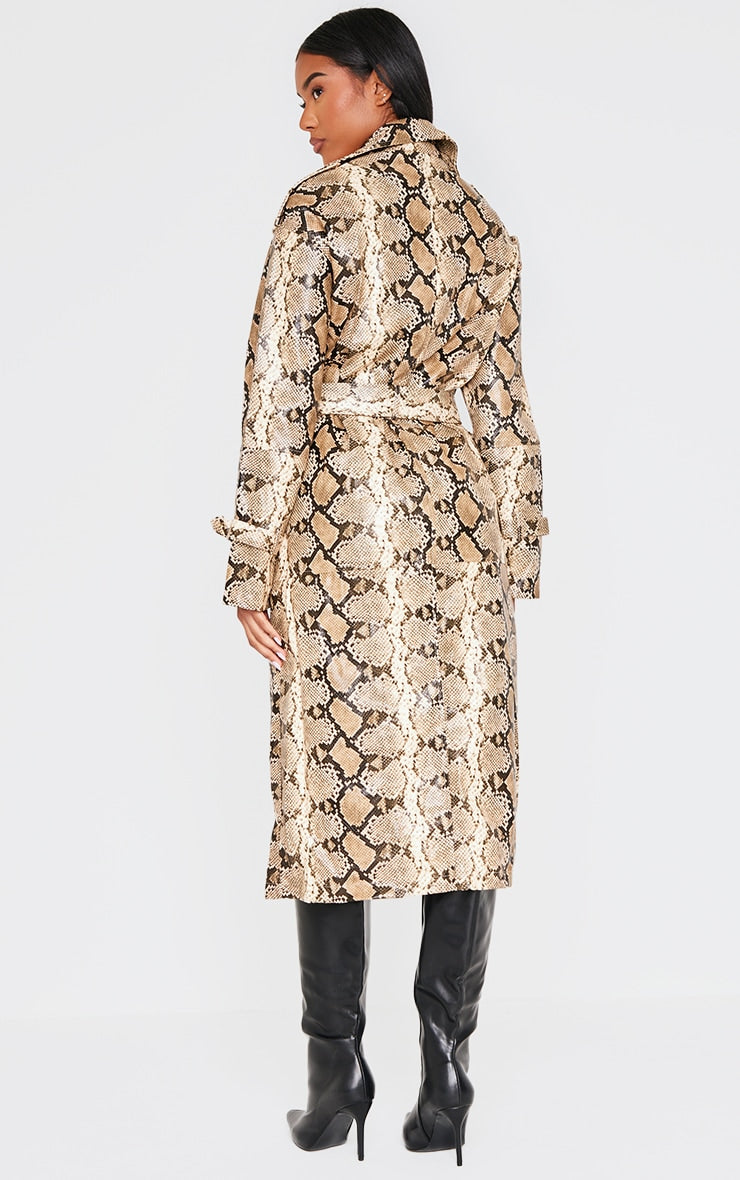 Beige Snake Faux Leather Coat