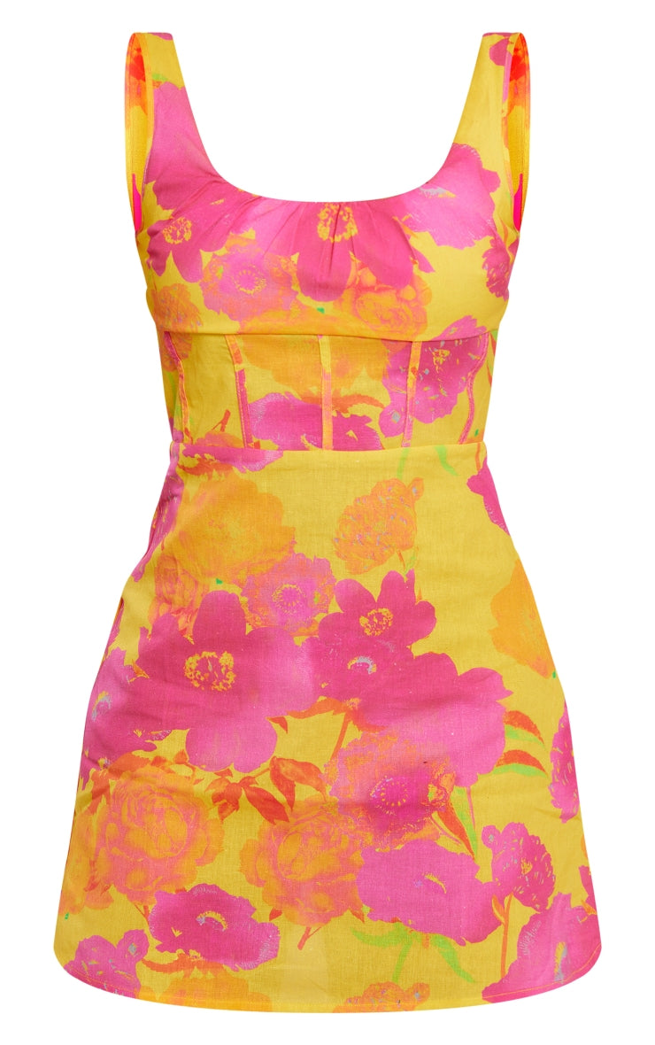 Pink Floral Print Linen Look Corset Detail Bodycon Dress