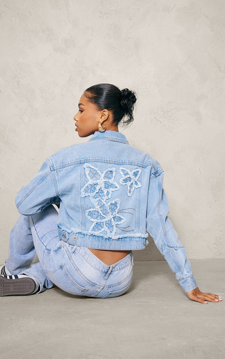 Light Blue Wash Distressed Flower Detail Denim Jacket