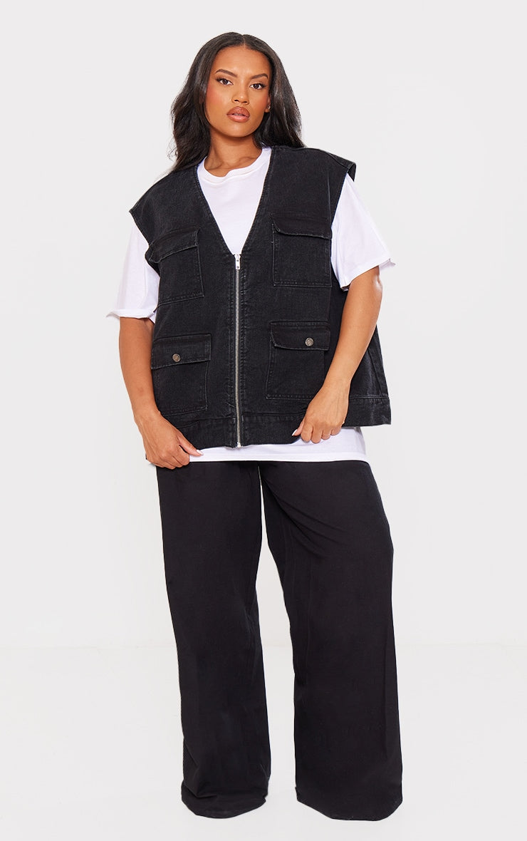 Plus Blue Zip Up Denim Cargo Gilet