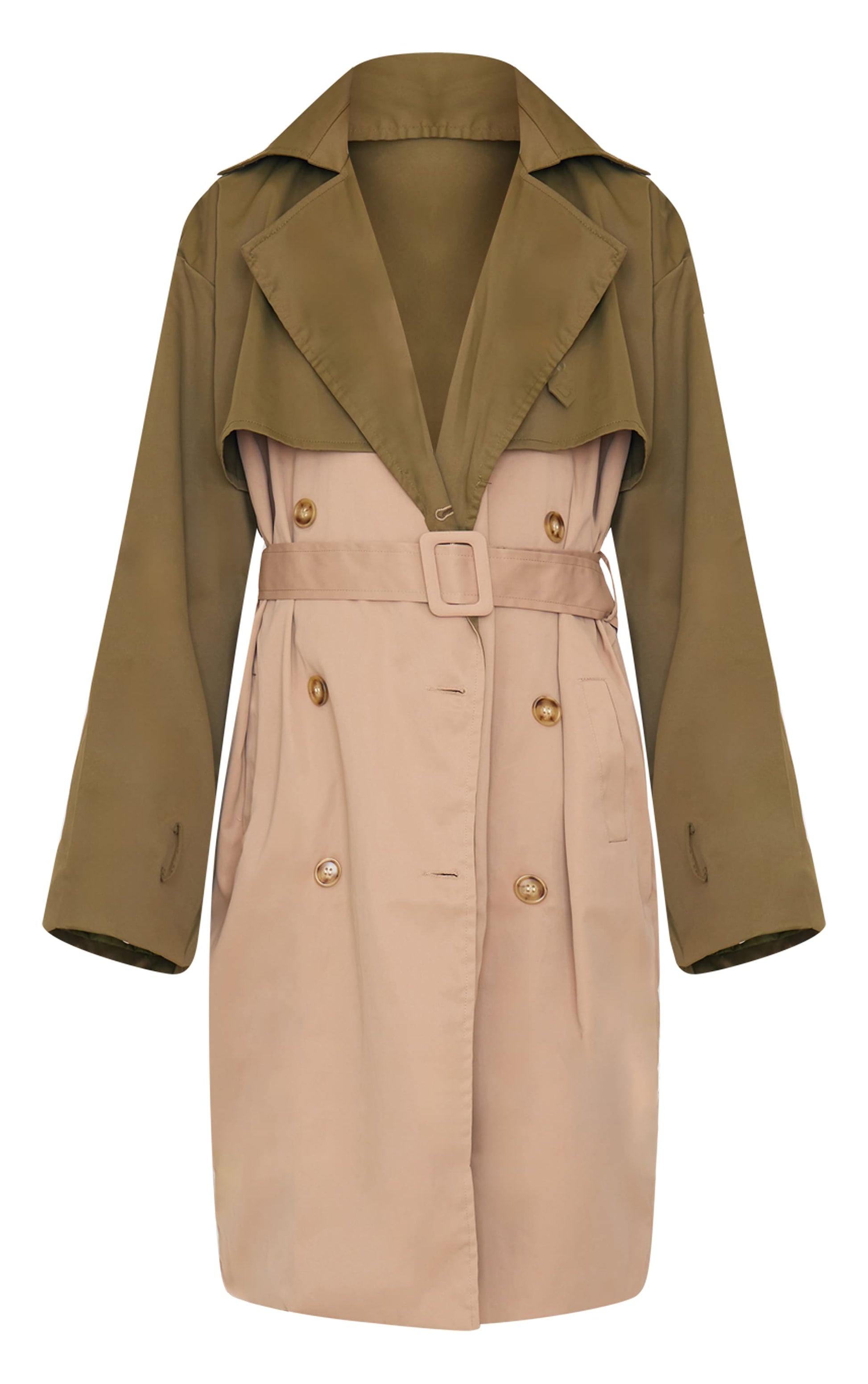 Khaki Contrast Oversized Belted Midi Trench Coat