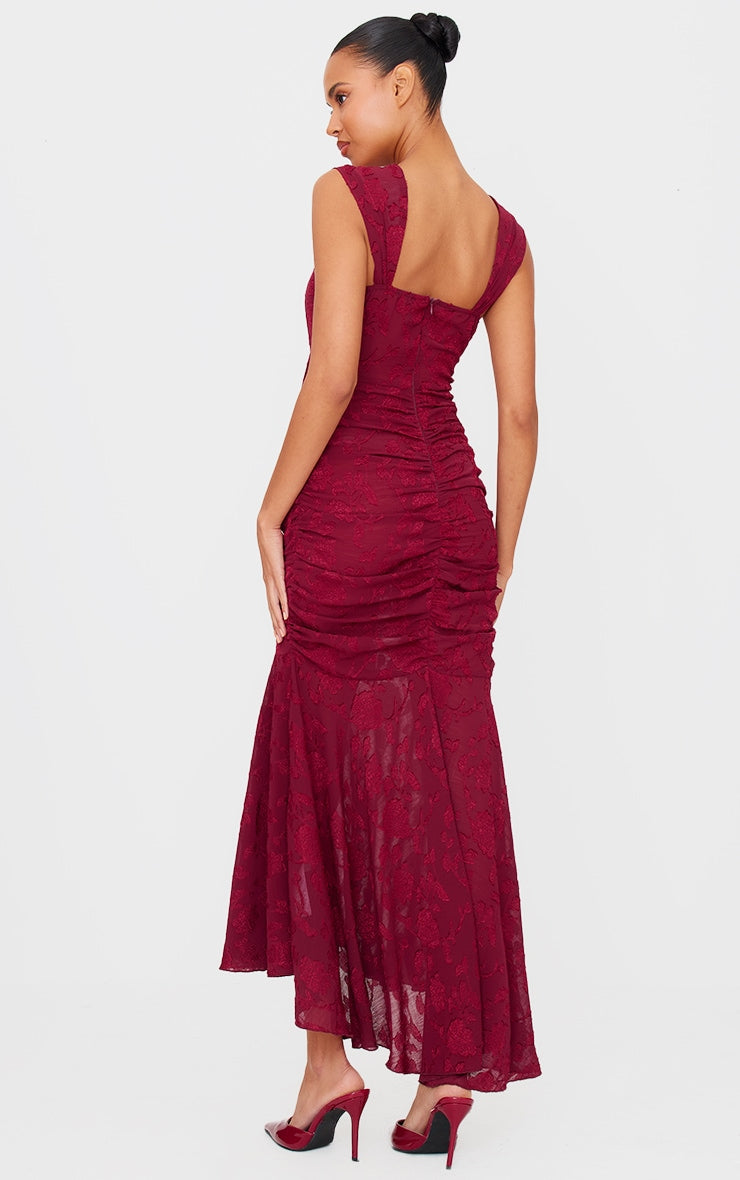 Burgundy Burnout Ruched Midi Dress