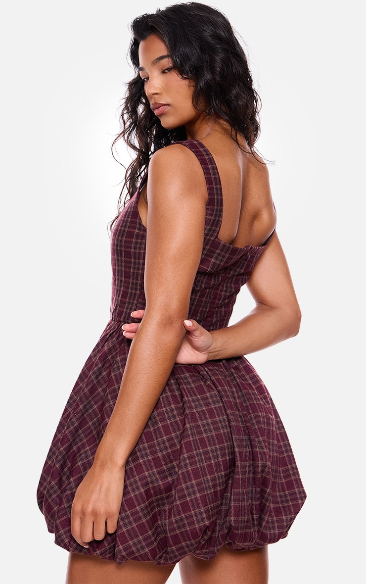 Burgundy Check Puffball Dress