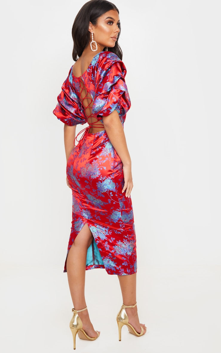 Red Floral Jacquard Lace Up Back Midi Dress