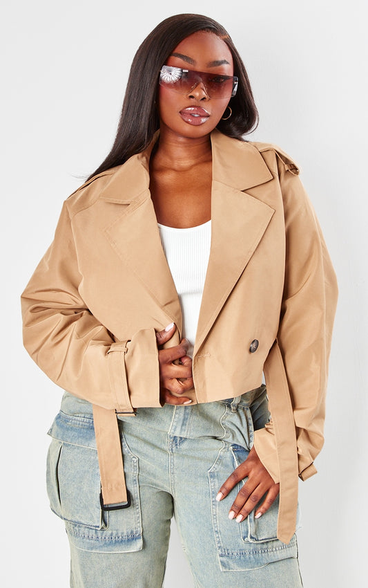 Plus Taupe Belted Cropped Trench Coat